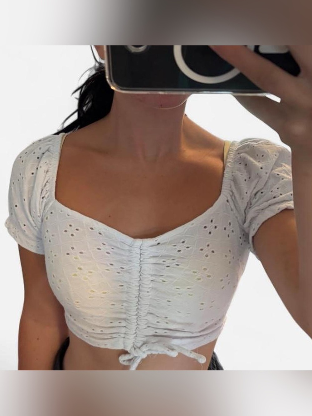 SO White Eyelet Ruched Drawstring Crop Top